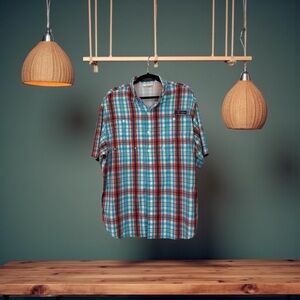 Columbia Men's Teal and Red Plaid Casual Shirt